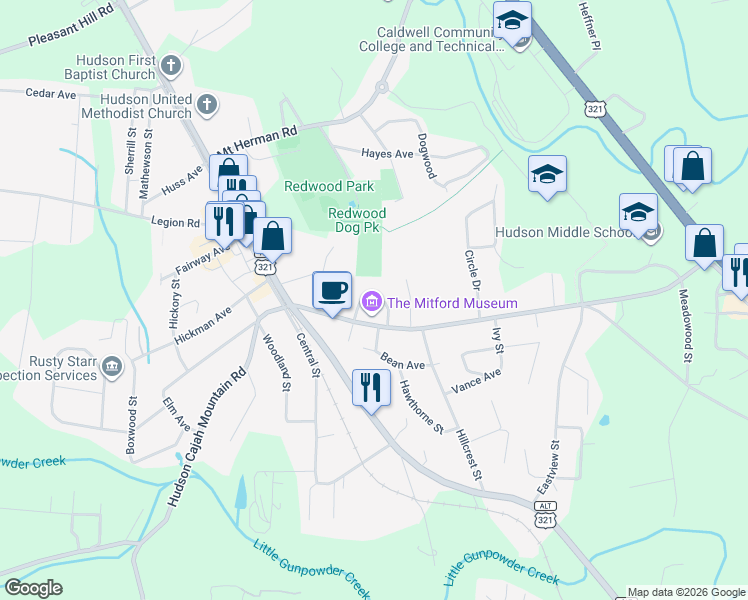 map of restaurants, bars, coffee shops, grocery stores, and more near 145 Cedar Valley Road in Hudson