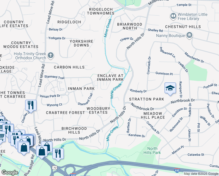 map of restaurants, bars, coffee shops, grocery stores, and more near 4724 Ludwell Branch Court in Raleigh