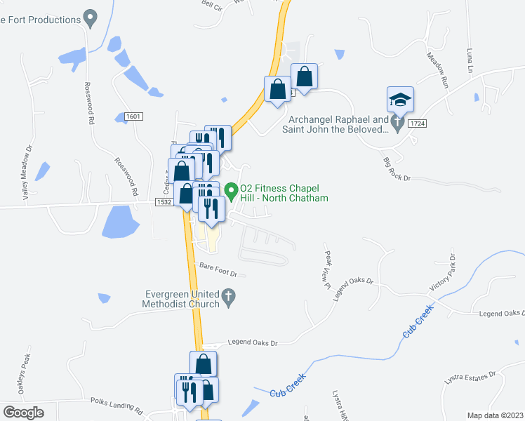 map of restaurants, bars, coffee shops, grocery stores, and more near 285 Plaza Drive in Chapel Hill