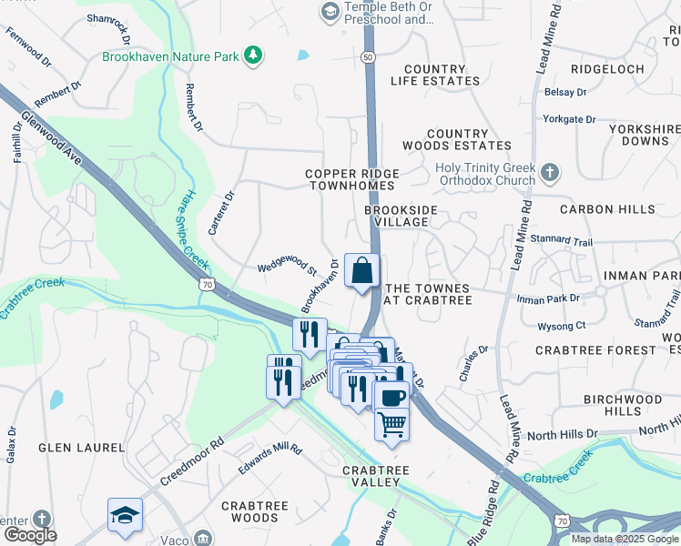 map of restaurants, bars, coffee shops, grocery stores, and more near 4808 Brookhaven Drive in Raleigh