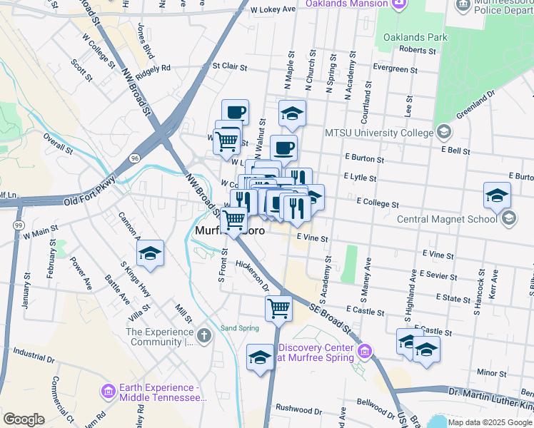 map of restaurants, bars, coffee shops, grocery stores, and more near 1 South Public Square in Murfreesboro
