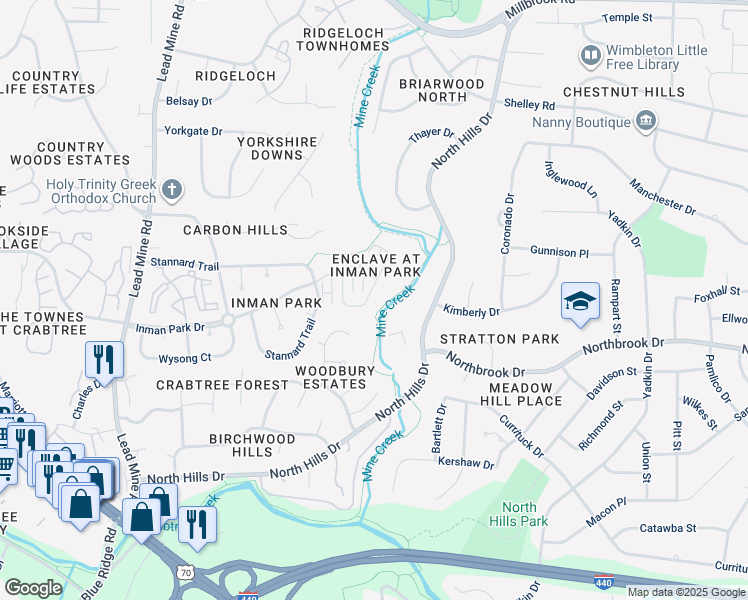 map of restaurants, bars, coffee shops, grocery stores, and more near 4724 Ludwell Branch Court in Raleigh
