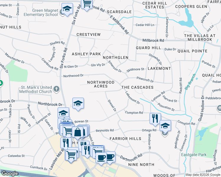 map of restaurants, bars, coffee shops, grocery stores, and more near 227 Westridge Drive in Raleigh
