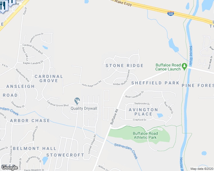 map of restaurants, bars, coffee shops, grocery stores, and more near 6108 Amber Bluffs Crescent in Raleigh