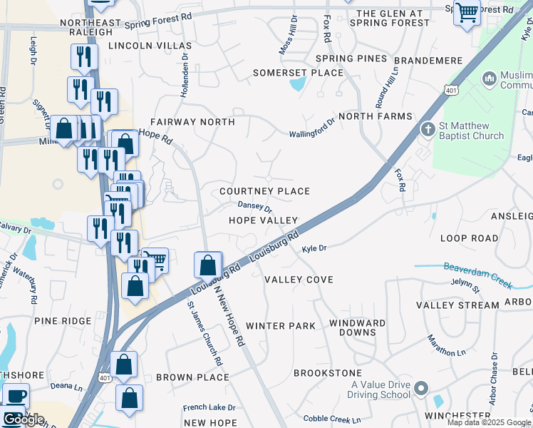 map of restaurants, bars, coffee shops, grocery stores, and more near 4616 Lavista Court in Raleigh