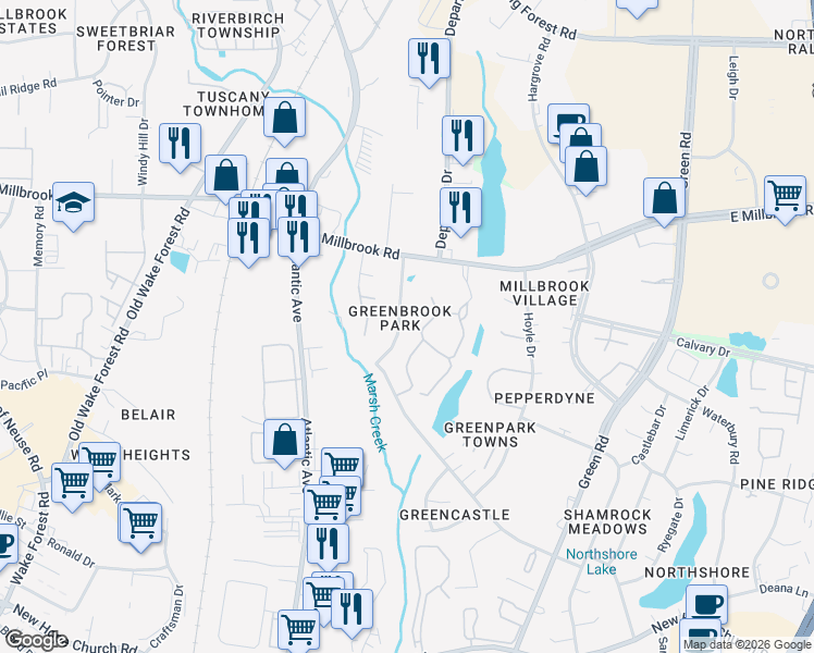 map of restaurants, bars, coffee shops, grocery stores, and more near 4712 Millstone Drive in Raleigh