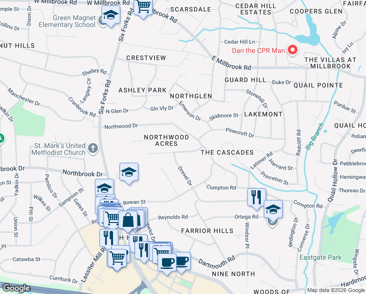 map of restaurants, bars, coffee shops, grocery stores, and more near 227 Westridge Drive in Raleigh