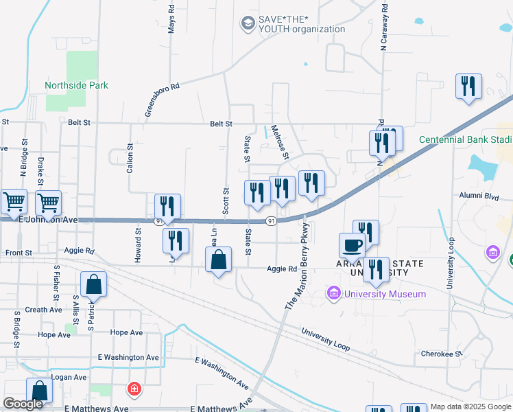 map of restaurants, bars, coffee shops, grocery stores, and more near 1830 East Johnson Avenue in Jonesboro