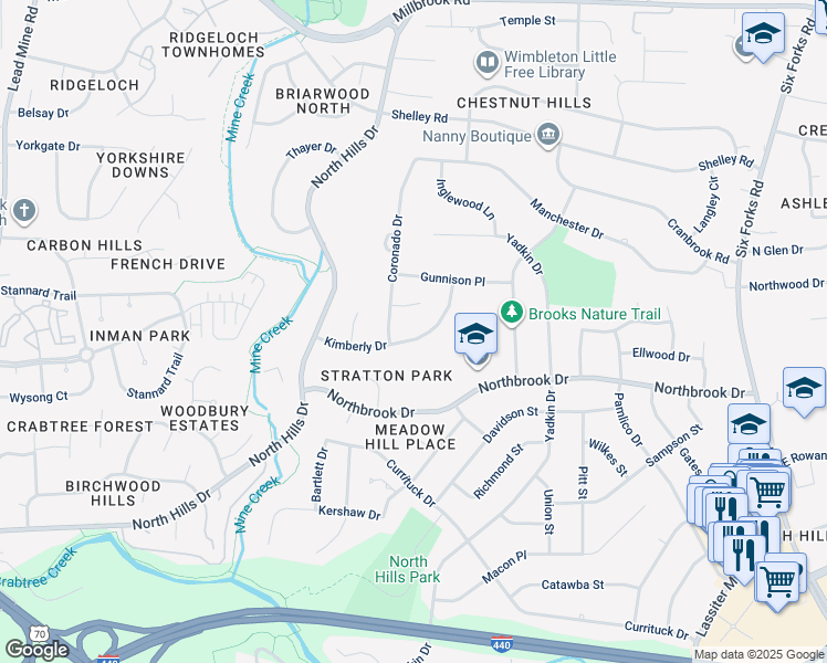 map of restaurants, bars, coffee shops, grocery stores, and more near 1208 Kimberly Drive in Raleigh