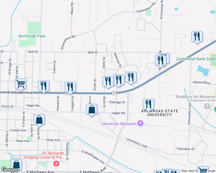 map of restaurants, bars, coffee shops, grocery stores, and more near 208 State Street in Jonesboro