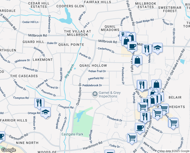 map of restaurants, bars, coffee shops, grocery stores, and more near 929 Deerfield Road in Raleigh