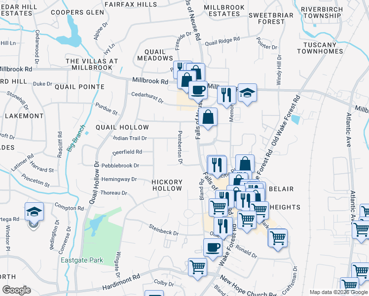 map of restaurants, bars, coffee shops, grocery stores, and more near 4705 Pemberton Drive in Raleigh
