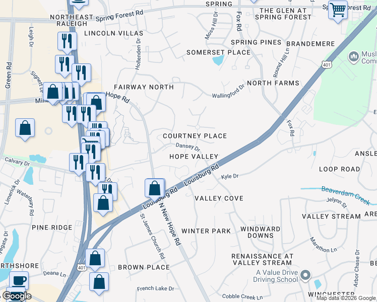 map of restaurants, bars, coffee shops, grocery stores, and more near 4600 Nesbit Court in Raleigh