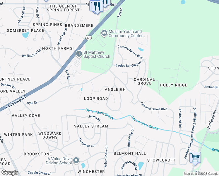 map of restaurants, bars, coffee shops, grocery stores, and more near 4612 Silverdene Street in Raleigh