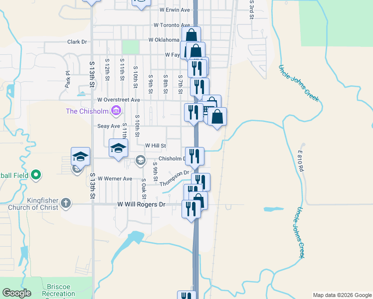 map of restaurants, bars, coffee shops, grocery stores, and more near 104 Chisholm Drive in Kingfisher