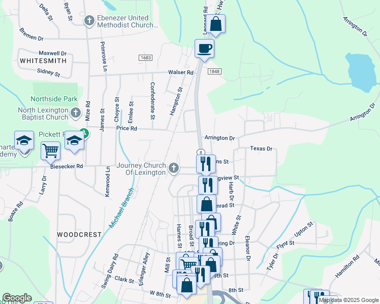 map of restaurants, bars, coffee shops, grocery stores, and more near 1527 Old U.S. Highway 52 in Lexington