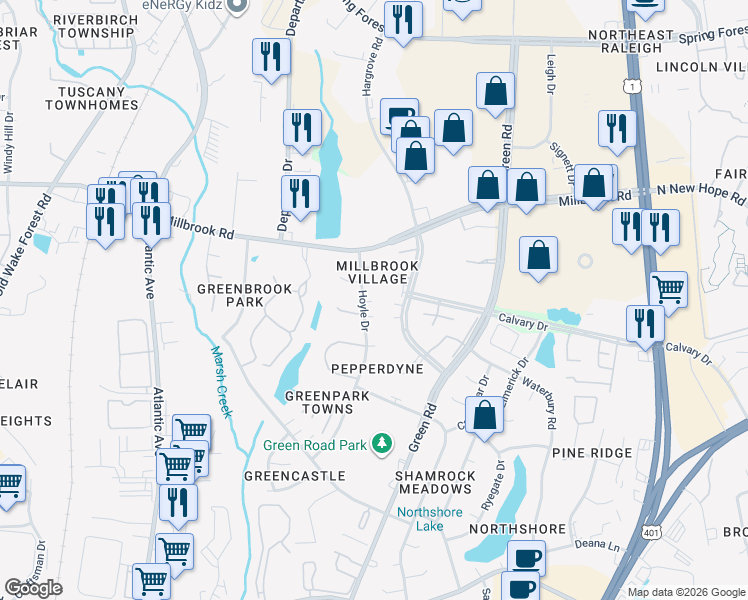 map of restaurants, bars, coffee shops, grocery stores, and more near 4701 Hollowell Lane in Raleigh