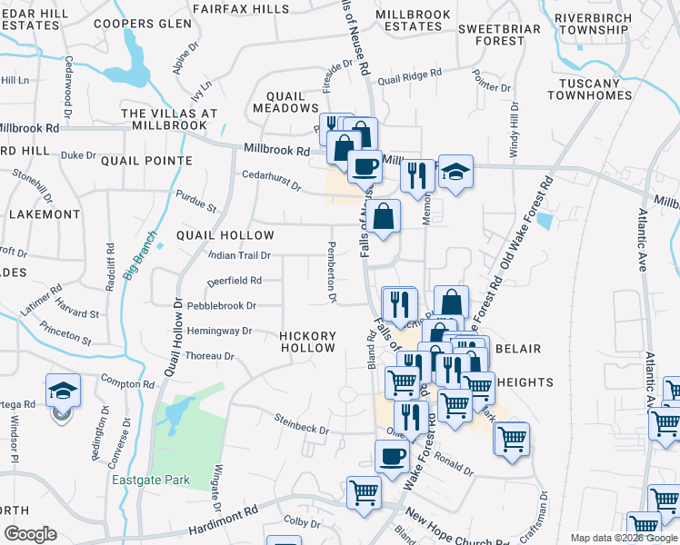 map of restaurants, bars, coffee shops, grocery stores, and more near 4705 Pemberton Drive in Raleigh