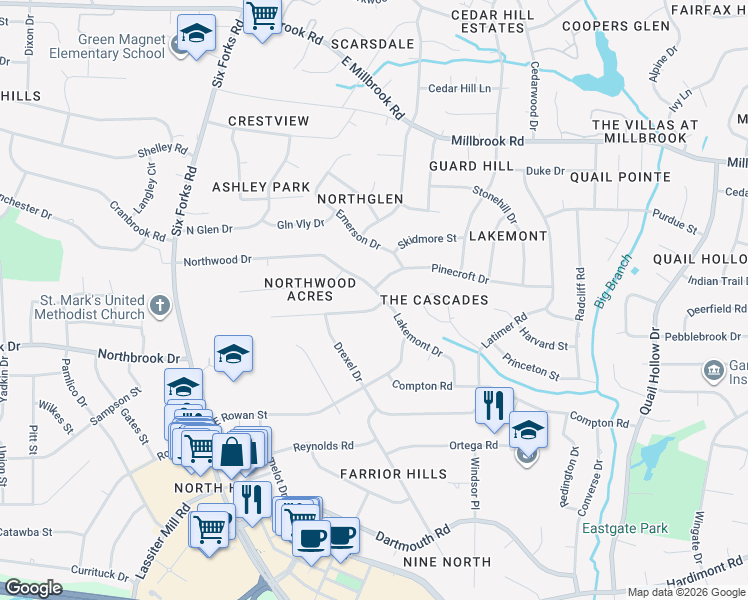 map of restaurants, bars, coffee shops, grocery stores, and more near 205 Westridge Drive in Raleigh