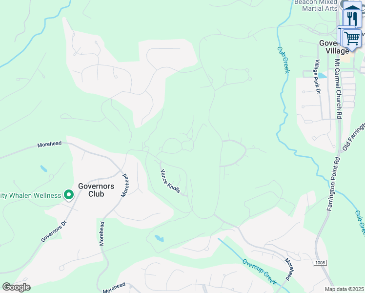 map of restaurants, bars, coffee shops, grocery stores, and more near 11484 Club Drive in Chapel Hill