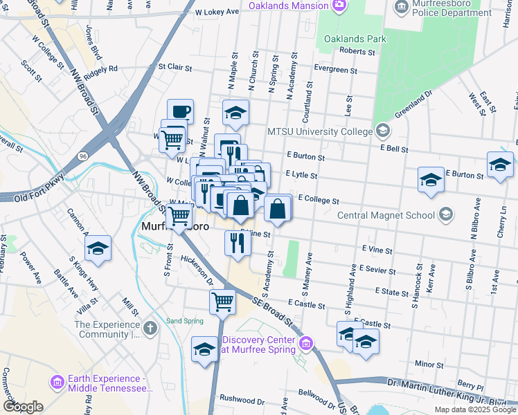 map of restaurants, bars, coffee shops, grocery stores, and more near 214 East Main Street in Murfreesboro