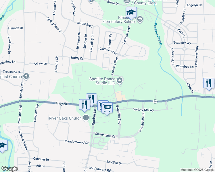 map of restaurants, bars, coffee shops, grocery stores, and more near 4620 Franklin Road in Murfreesboro