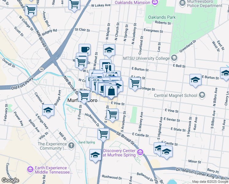 map of restaurants, bars, coffee shops, grocery stores, and more near in Murfreesboro