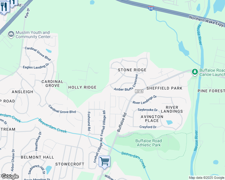 map of restaurants, bars, coffee shops, grocery stores, and more near 6108 Amber Bluffs Crescent in Raleigh
