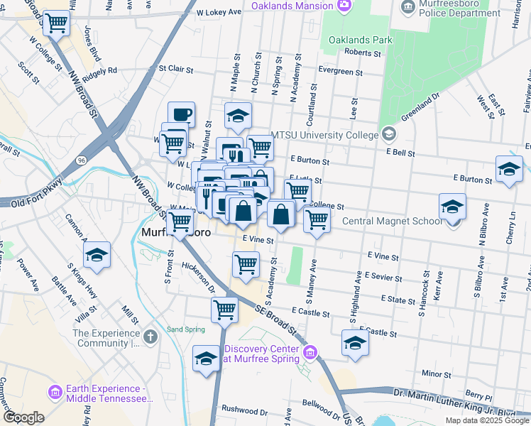 map of restaurants, bars, coffee shops, grocery stores, and more near 214 East Main Street in Murfreesboro