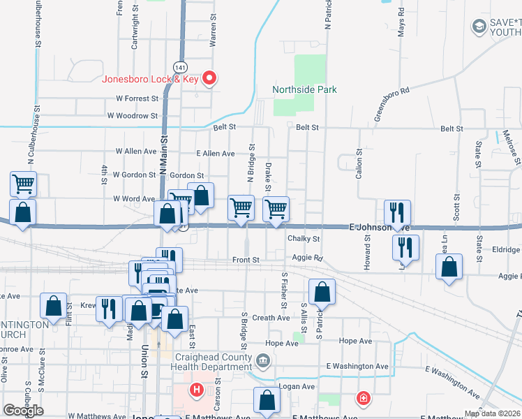 map of restaurants, bars, coffee shops, grocery stores, and more near 600 East Johnson Avenue in Jonesboro