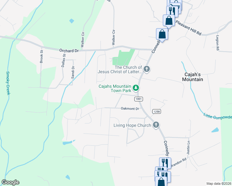 map of restaurants, bars, coffee shops, grocery stores, and more near 1566 Merrywood Drive in Cajah's Mountain