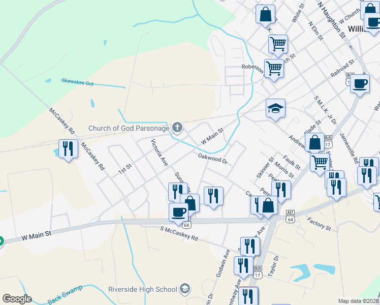 map of restaurants, bars, coffee shops, grocery stores, and more near 1101 State Road 1445 in Williamston