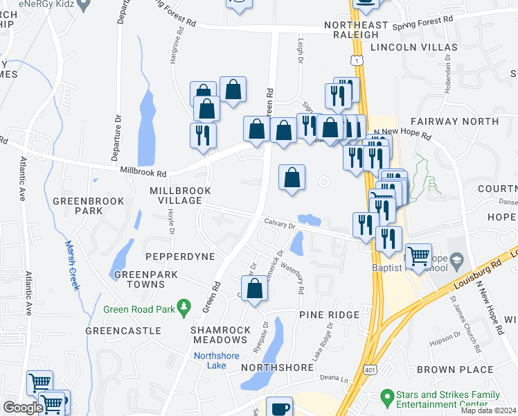 map of restaurants, bars, coffee shops, grocery stores, and more near 4625 Green Road in Raleigh