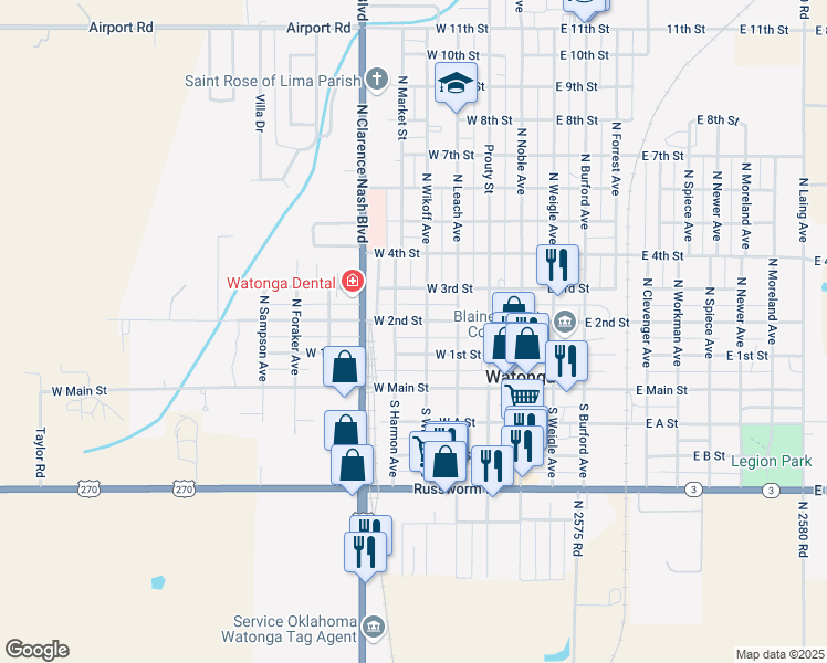 map of restaurants, bars, coffee shops, grocery stores, and more near 219 North Harmon Avenue in Watonga