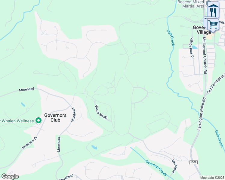 map of restaurants, bars, coffee shops, grocery stores, and more near 11000 Governors Drive in Chapel Hill