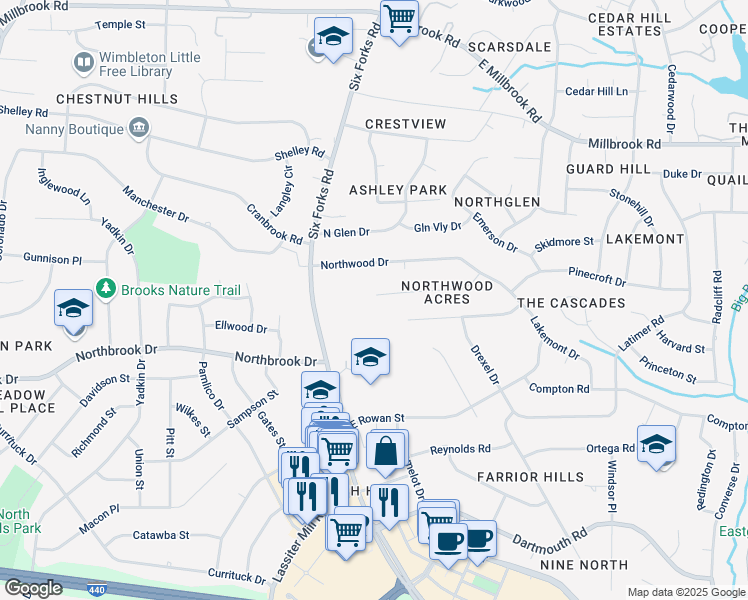 map of restaurants, bars, coffee shops, grocery stores, and more near 4808 Six Forks Road in Raleigh