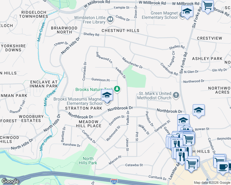 map of restaurants, bars, coffee shops, grocery stores, and more near 700 Northbrook Dr in Raleigh