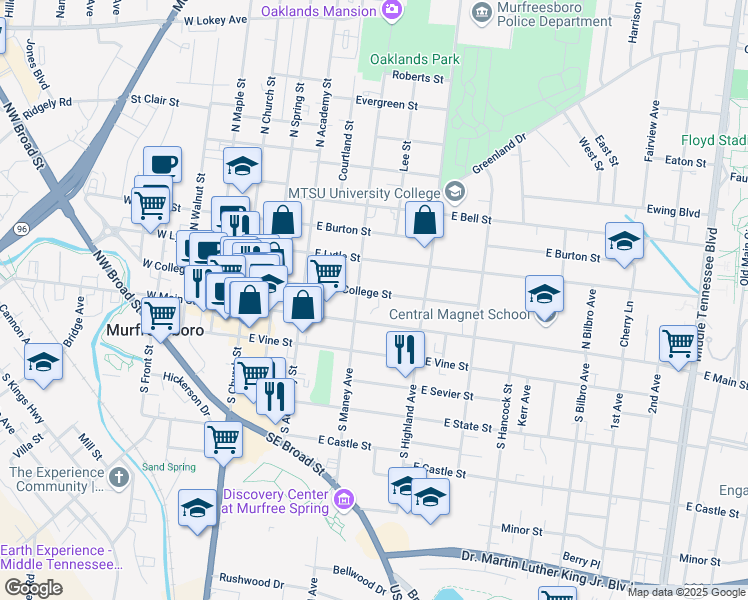 map of restaurants, bars, coffee shops, grocery stores, and more near 401 East Main Street in Murfreesboro