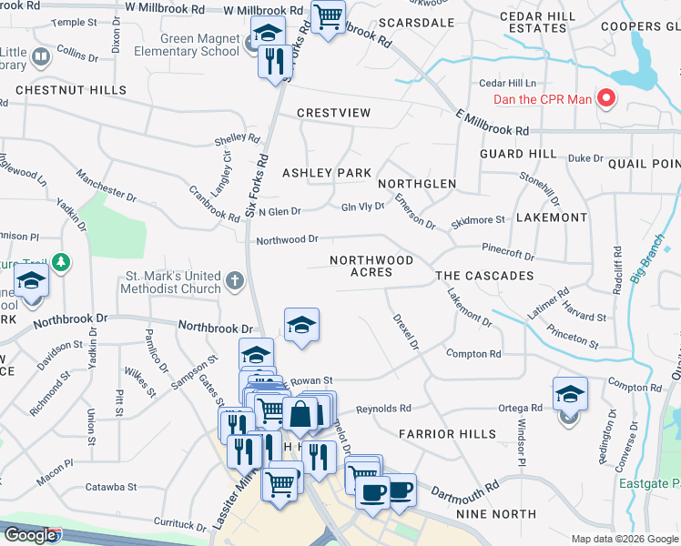 map of restaurants, bars, coffee shops, grocery stores, and more near 336 Westridge Drive in Raleigh