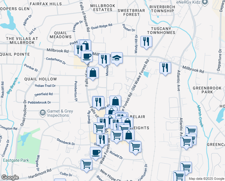 map of restaurants, bars, coffee shops, grocery stores, and more near 1536 Sunbow Falls Lane in Raleigh