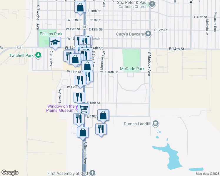map of restaurants, bars, coffee shops, grocery stores, and more near 1624-1798 Binkley Avenue in Dumas