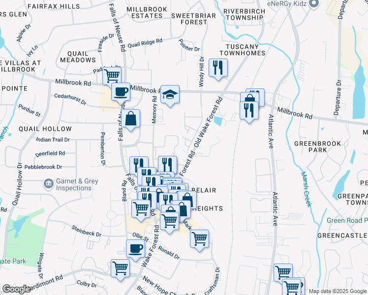 map of restaurants, bars, coffee shops, grocery stores, and more near 1830 Natalie Brook Way in Raleigh