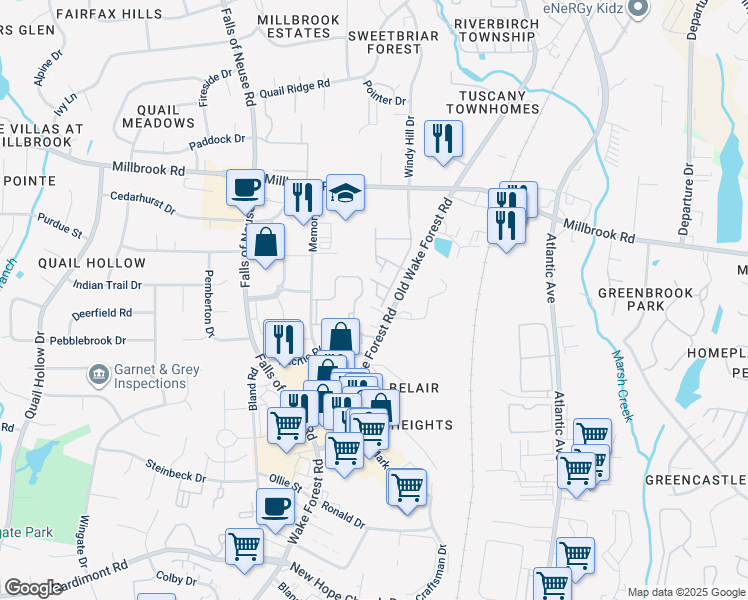 map of restaurants, bars, coffee shops, grocery stores, and more near 1830 Natalie Brook Way in Raleigh