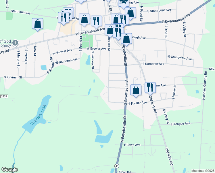 map of restaurants, bars, coffee shops, grocery stores, and more near 441 South Asheboro Street in Liberty
