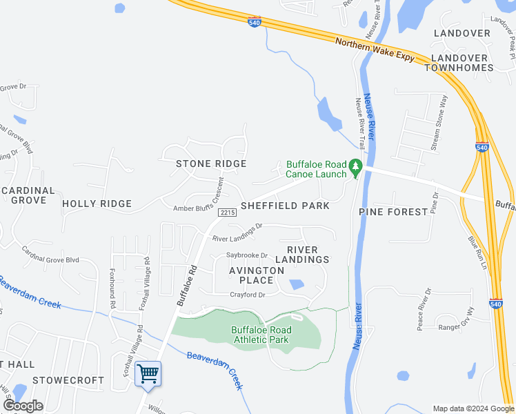 map of restaurants, bars, coffee shops, grocery stores, and more near 6412 Buffaloe Road in Raleigh