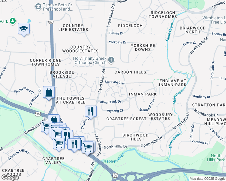 map of restaurants, bars, coffee shops, grocery stores, and more near 2105 Sheltonham Way in Raleigh