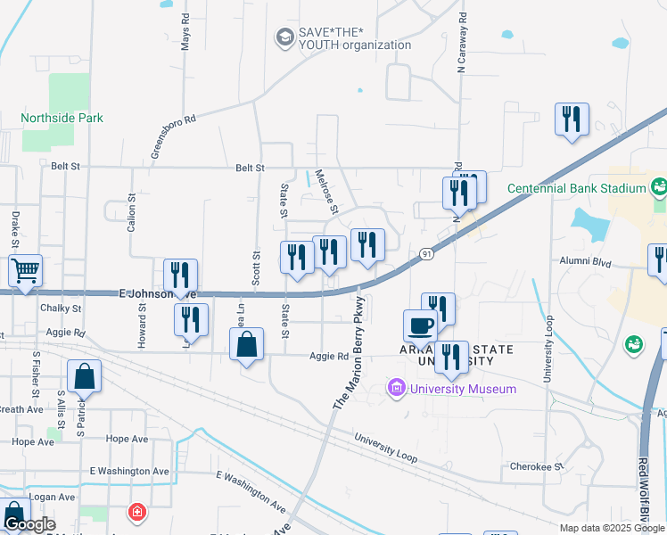 map of restaurants, bars, coffee shops, grocery stores, and more near 1903 Word Cove in Jonesboro