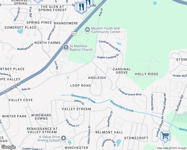map of restaurants, bars, coffee shops, grocery stores, and more near 4604 Silverdene Street in Raleigh
