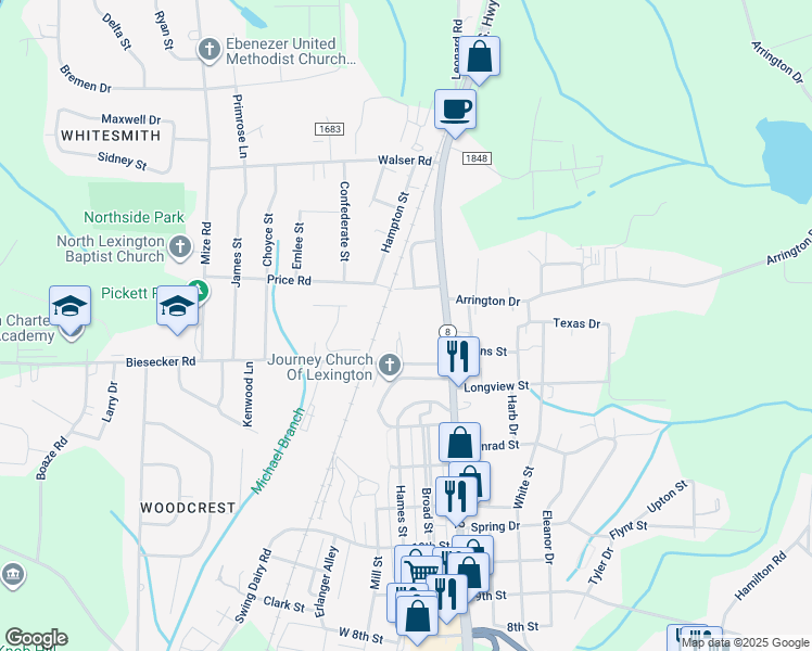 map of restaurants, bars, coffee shops, grocery stores, and more near 1527 Old U.S. Highway 52 in Lexington