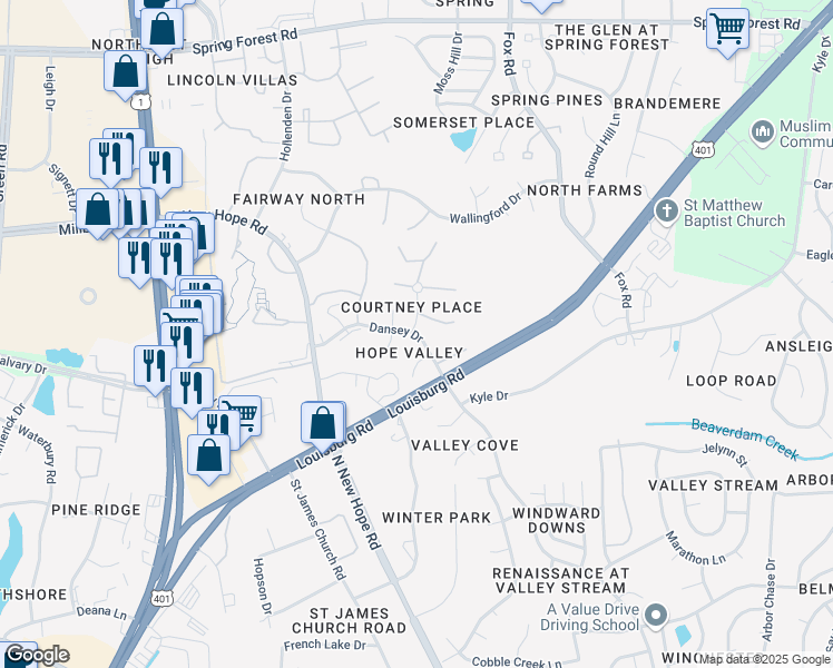 map of restaurants, bars, coffee shops, grocery stores, and more near 4724 Courtney Lane in Raleigh